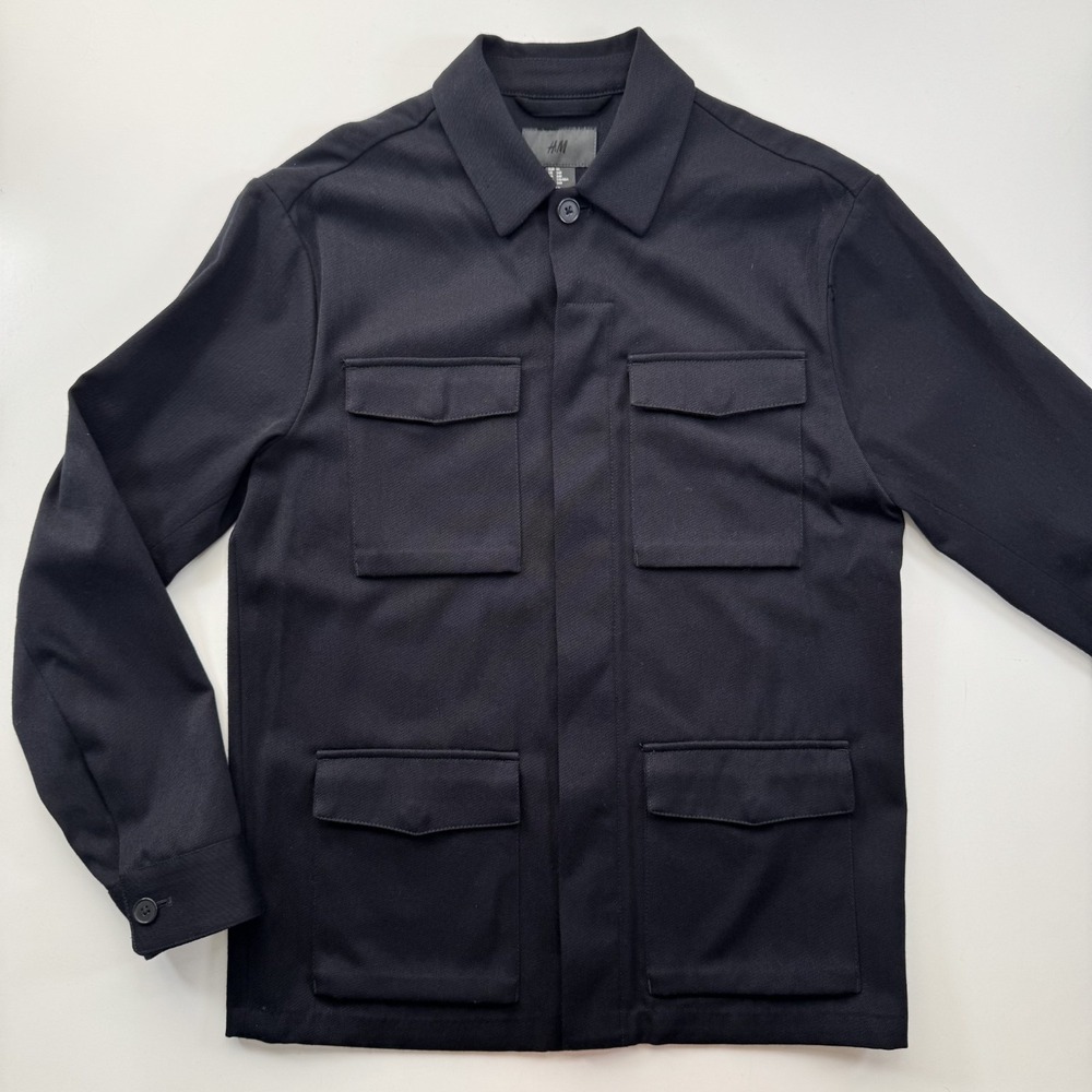H&M Wool-Cotton Hidden Button Placket Shirt Jacket Mens 34R Navy Blue 4-Pocket